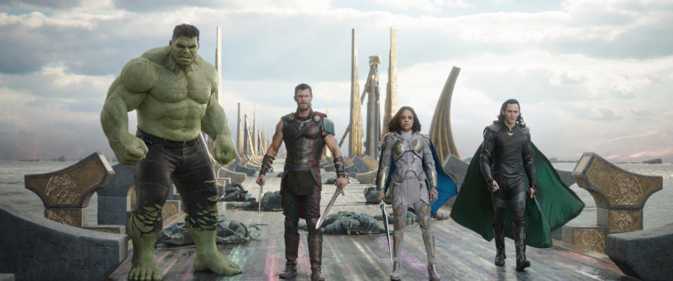 THOR: RAGNAROK..L to R: Hulk (Mark Ruffalo), Thor (Chris Hemsworth), Valkyrie (Tessa Thompson) and Loki (Tom Hiddleston)