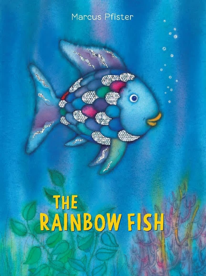 Cover of "The Rainbow Fish" book by Marcus Pfister showing an illustrated fish with shiny scales