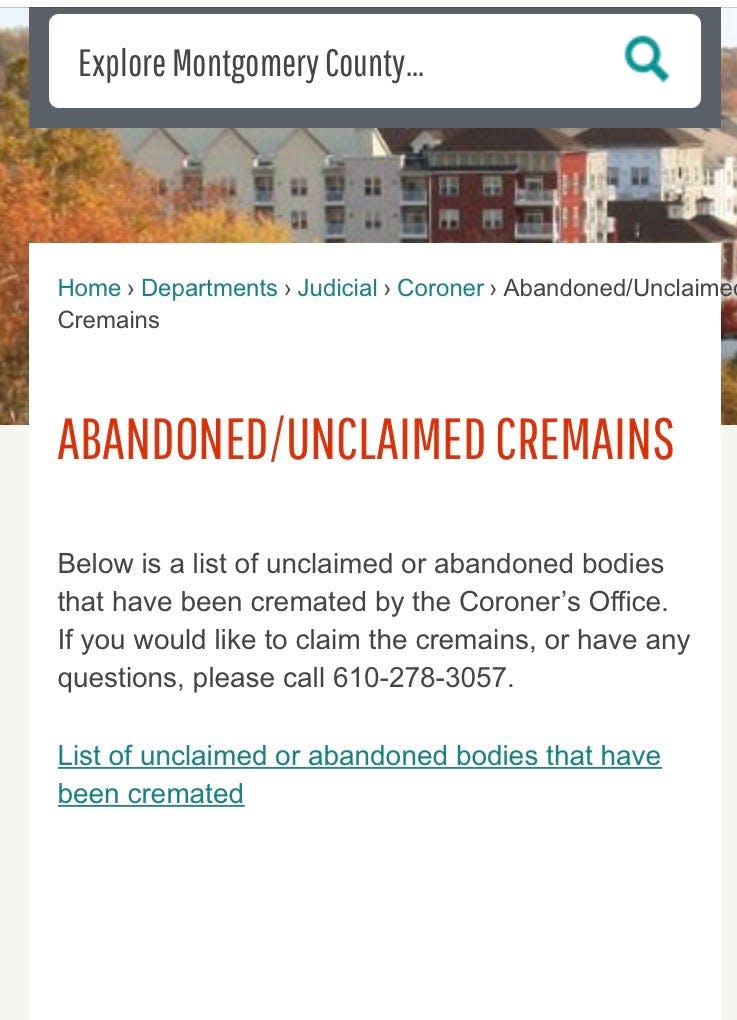 Montgomery County  Coroner website list for unclaimed remains
