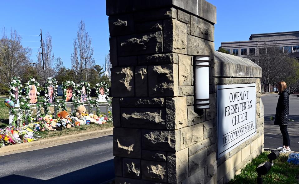 Photographs of Mike Hill, left, Evelyn Dieckhaus, Katherine Koonce, William Kinney, Hallie Scruggs, and Cynthia Peak at the makeshift  memorial by the entrance to the Covenant School Thursday, March 30, 2023, in Nashville, Tenn.   