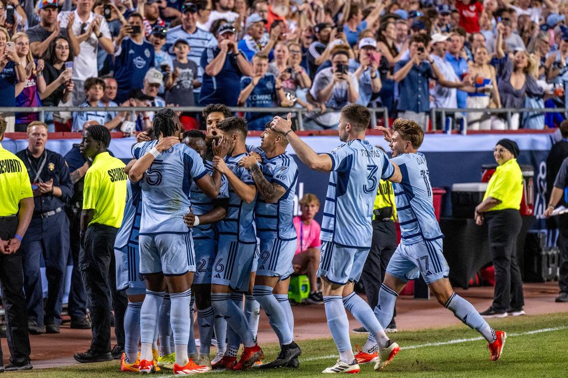 Sporting Kansas City celebrate a goal by midfielder Erik Thommy (26) in the second half during an MLS game against Inter Miami at GEHA Field at Arrowhead Stadium on Saturday, April 13, 2024, in Kansas City. Emily Curiel/ecuriel@kcstar.com