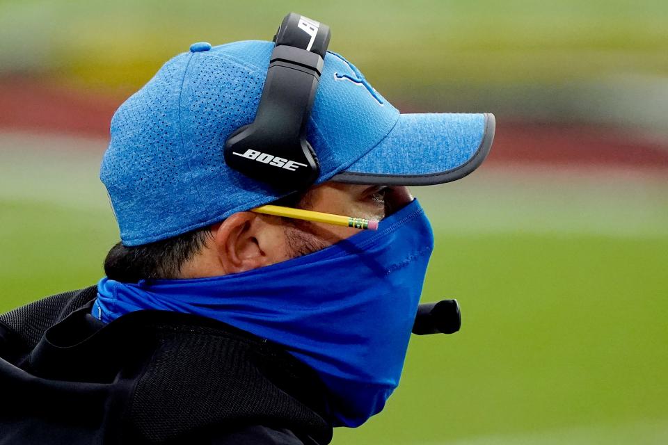 Lions coach Matt Patricia watches during the first half on Sunday, Sept. 27, 2020, in Glendale, Ariz.
