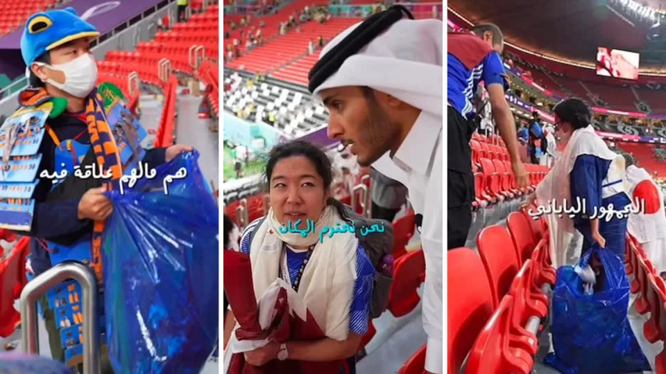 Japanese fans have won plaudits already at the Qatar World Cup. (Screenshot from Omar Al-Farooq/Instagram)