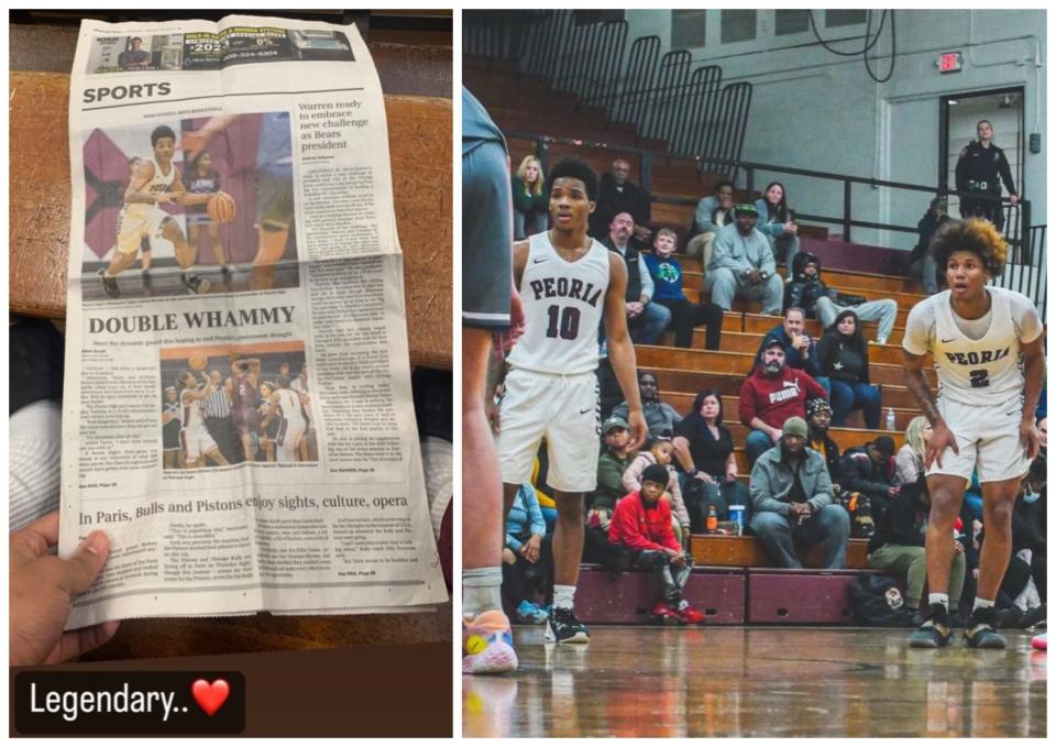 Pictured are the newspaper story in which former Peoria High guards MikeQuese Taylor and De'Kwon Brown were featured together, along with Brown's "favorite" photo of the duo. Brown remembered his friend, Taylor, who was shot and killed April 30, 2024, in Peoria.