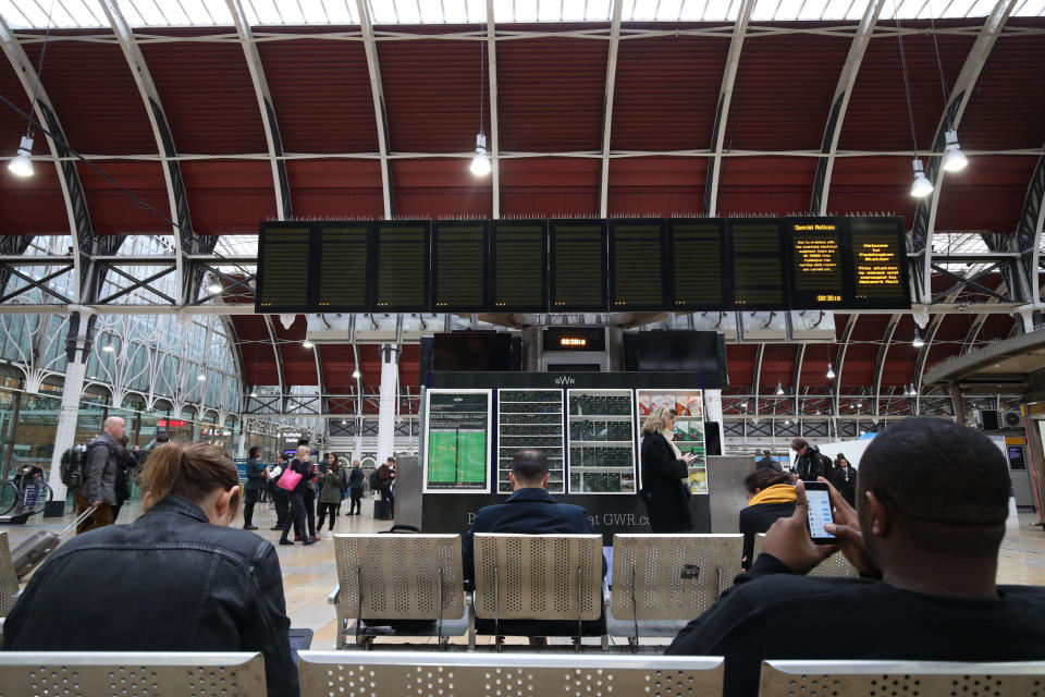 An empty departure board at Paddington Station, London as trains are unable to run between the railway hub and Slough or Heathrow Airport after overhead electric wires were &quot;severely&quot; damaged at Ealing on Tuesday night.