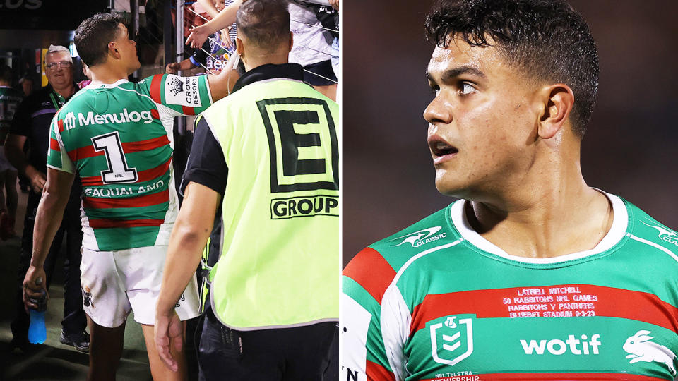 Latrell Mitchell, pictured here during South Sydney's loss to the Panthers.