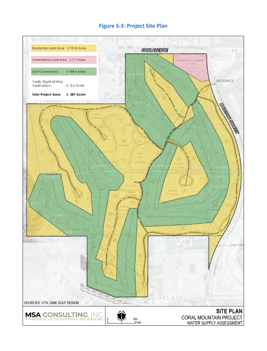 A screenshot from the Coachella Valley Water District's water assessment shows revised plans for Coral Mountain, a large development at the southwest corner of Avenue 58 and Madison Street in La Quinta.