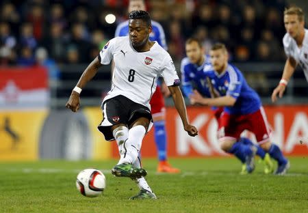 Austria's David Alaba fails to score a penalty against Liechtenstein during their Euro 2016 qualifying soccer match in Vaduz March 27, 2015. REUTERS/Dominic Ebenbichler