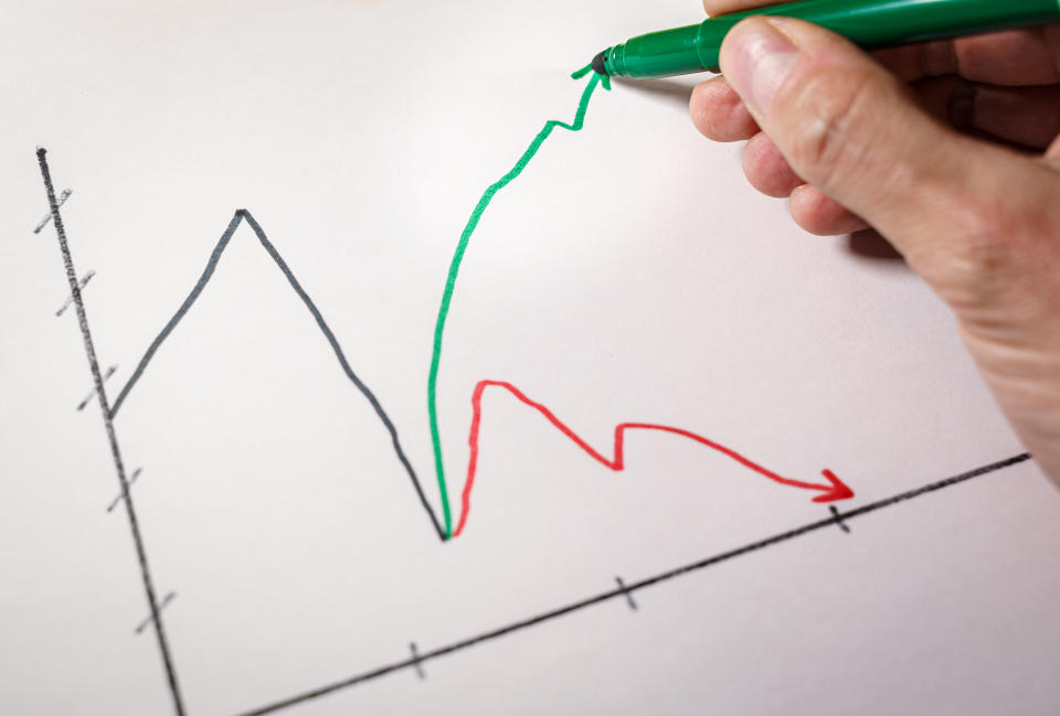 Hand drawing a green arrow on a line chart showing a K-shaped recovery. 