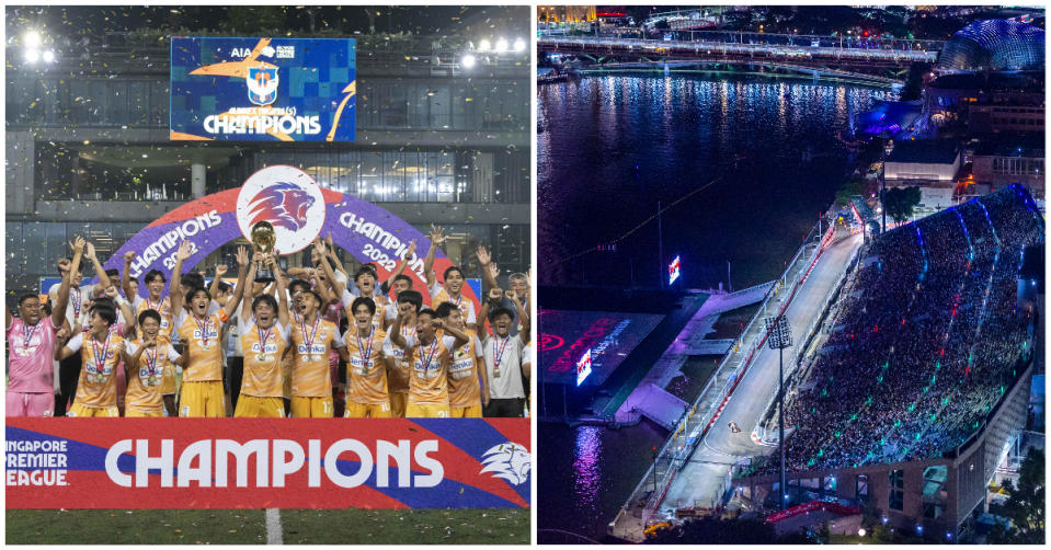 Albirex Niigata (Singapore) were awarded the trophy for winning the 2022 Singapore Premier League (left), while the Marina Bay street circuit will be altered with the closure of The Float@Marina Bay. (PHOTOS: SPL/Singapore GP)