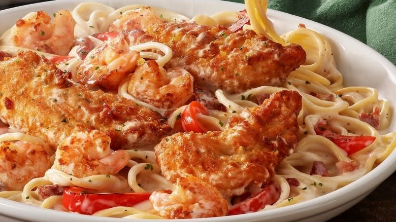 Chicken and shrimp carbonara pasta