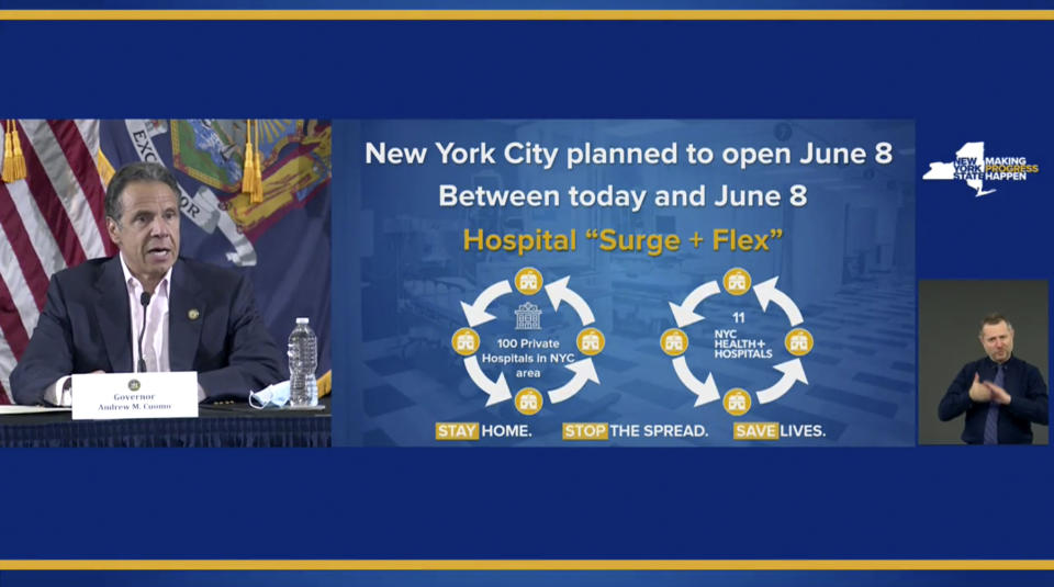 In this image made from video provided by the office of Gov. Andrew M. Cuomo, Gov. Cuomo updates the media on New York's coronavirus response, Saturday, May 30, 2020 in New York. (Office of Governor Andrew M. Cuomo via AP)