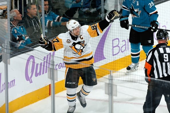 SAN JOSE, CA - NOVEMBER 5: Sidney Crosby #87 of the Pittsburgh Penguins celebrates his goal during a NHL game against the San Jose Sharks at SAP Center at San Jose on November 5, 2016 in San Jose, California. (Photo by Don Smith/NHLI via Getty Images)