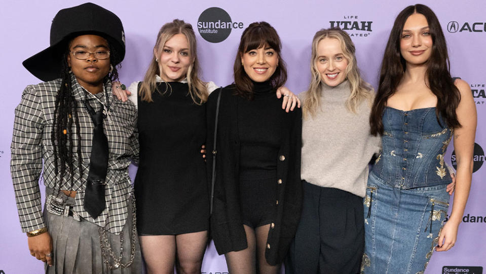 (L-R) Kerrice Brooks, Maisy Stella, Aubrey Plaza, Megan Park and Maddie Ziegler attending the world premiere of 'My Old Ass' at the 2024 Sundance Film Festival