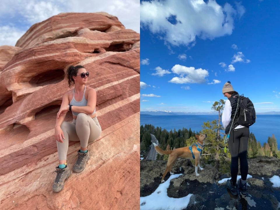 Side-by-side images of Casey Hogan on solo trips.