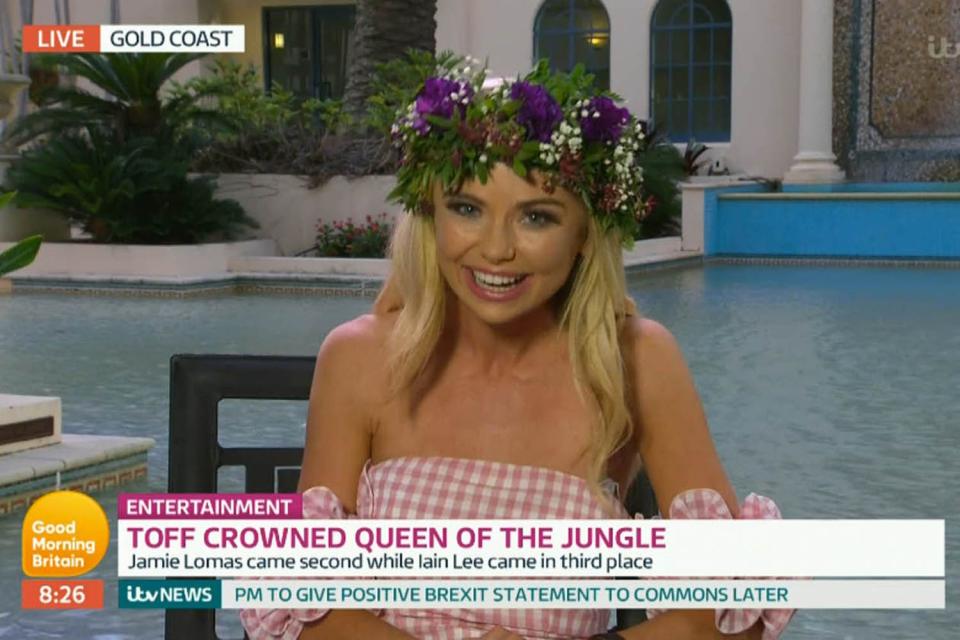 Georgia Toffolo admits she’ll use her I’m a Celeb winners fee to pay her rent as she eyes up Piers Morgan’s job. (Credit: ITV)