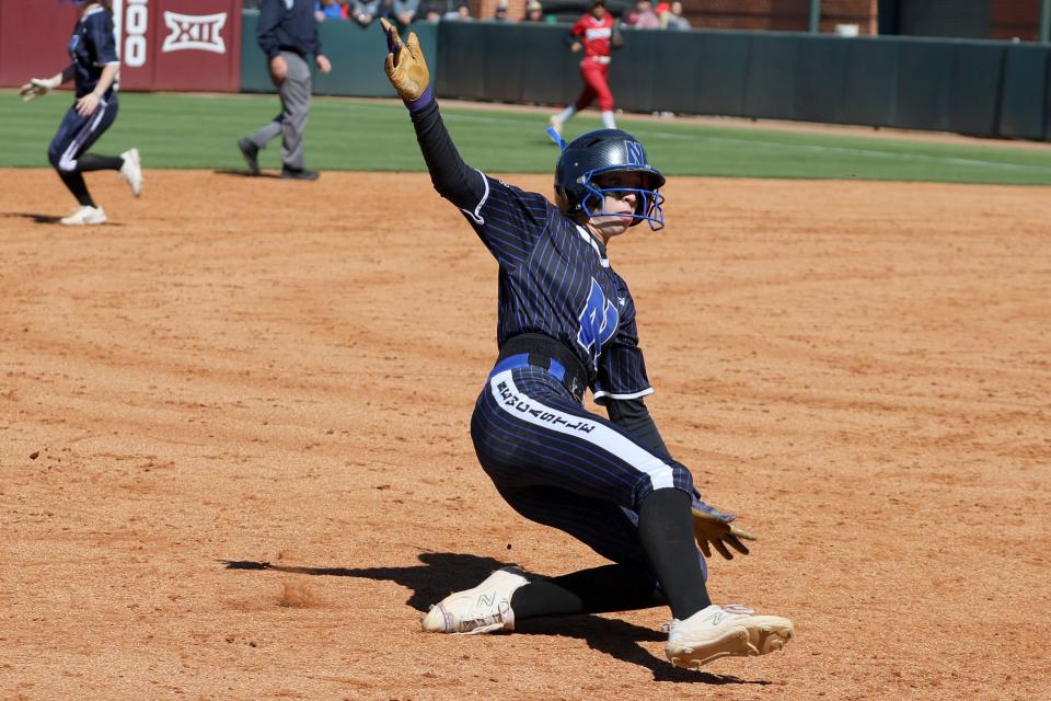 Newcastle's Brooklyn Lyles slides to third during the Class 4A fastpitch softball state tournament championship game between Purcell and Newcastle at Marita Hynes field in Norman, Okla., Saturday, Oct. 14, 2023. Newcastle won 4-0.