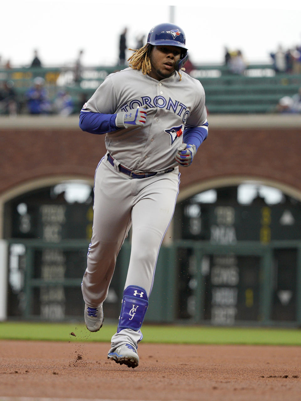 Toronto Blue Jays' Vladimir Guerrero Jr. rounds the bases after hitting a solo home run against the San Francisco Giants during the first inning of a baseball game in San Francisco, Tuesday, May 14, 2019. (AP Photo/Tony Avelar)