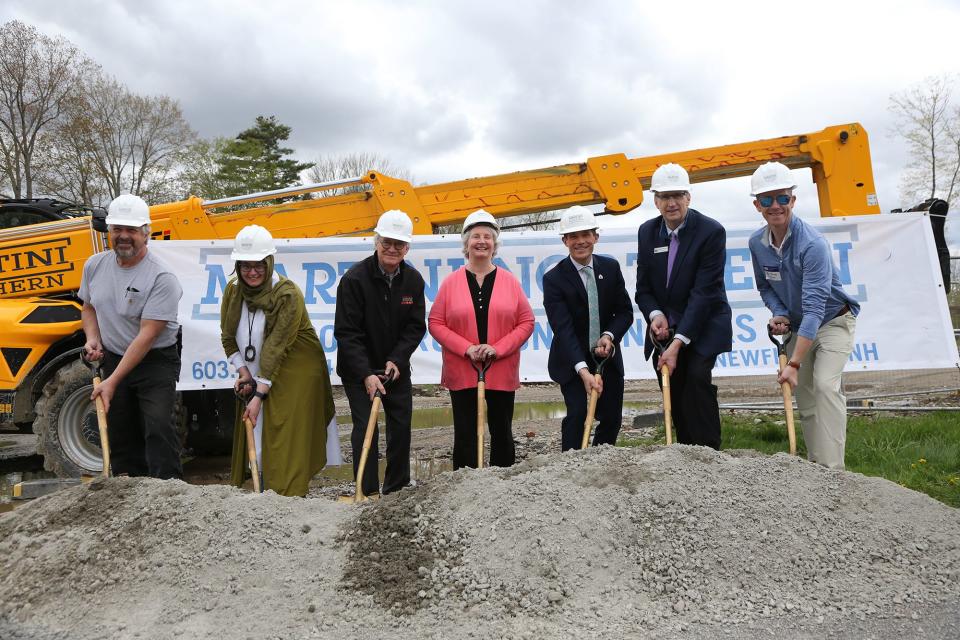 A groundbreaking was held for Redberry Farm in Epping May 9, 2024. From left are Roger Davis, Nesreen Itani, Dennis Miers, Deborah DeScenza, Rob Dapice, Ignatious MacLellan and Matt Billings.