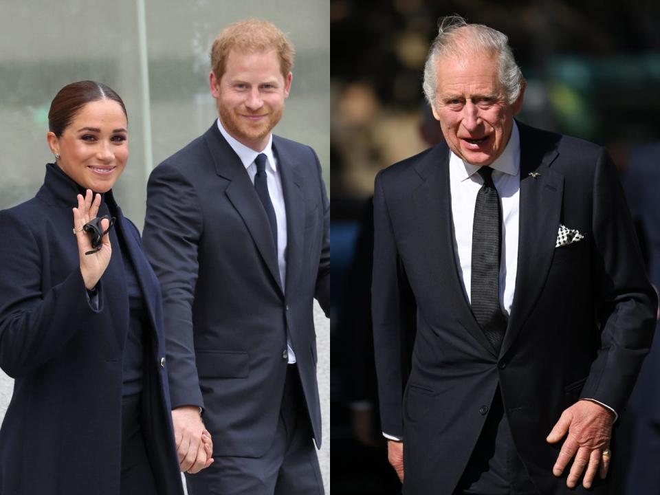 Prince Harry and Meghan Markle visiting New York City in 2021 (L) and King Charles in London in 2022 (R).