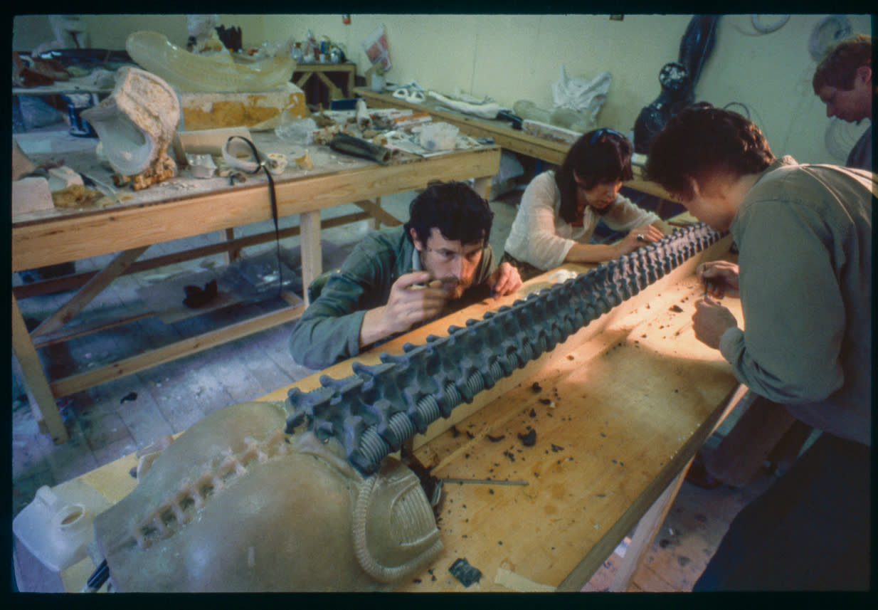 Giger's crew at work in the studio on the early translucent version of the Xenomorph (Photo: Courtesy of and ©2021 Museum HR Giger)