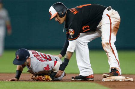 Manny Machado of the Orioles checks on Red Sox second baseman Dustin Pedroia following an aggressive slide on April 21. The slide would set off a season-long feud between the teams. (Getty Images)
