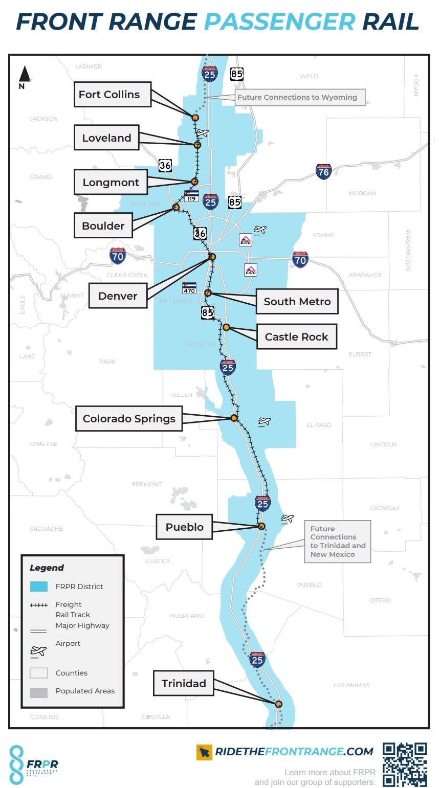 This map shows the Front Range Passenger Rail District, which is developing a passenger rail line between Fort Collins and Pueblo.
