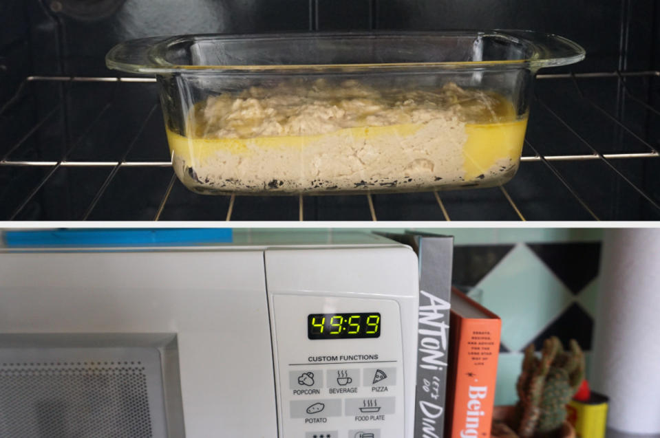 (Top) Dough with butter in a loaf pan in the oven (Bottom) Microwave timer that's counting down from 50 minutes