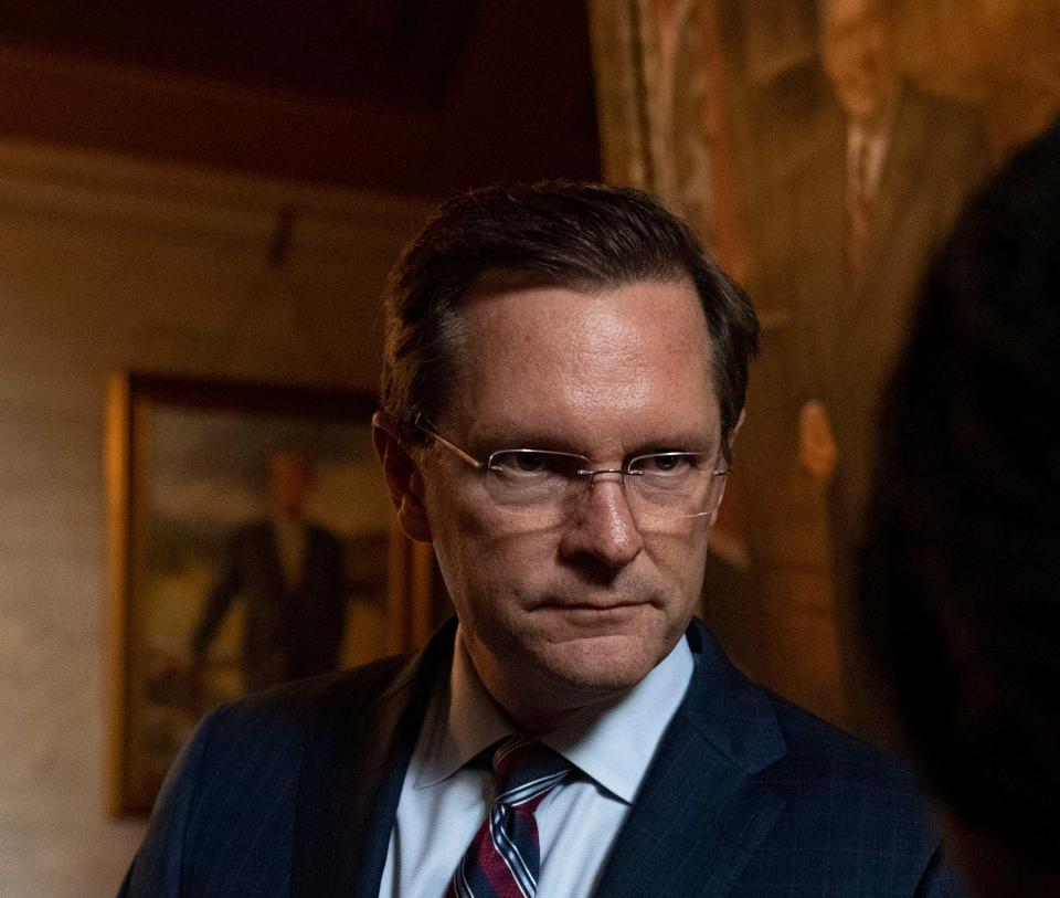 House Speaker Cameron Sexton, R-Crossville is questioned by members of the press about Republican Rep. Scotty Campbell's abrupt resignation midday Thursday after an ethics committee finding that he violated workplace discrimination and harassment policy was made public on April 20, 2023.