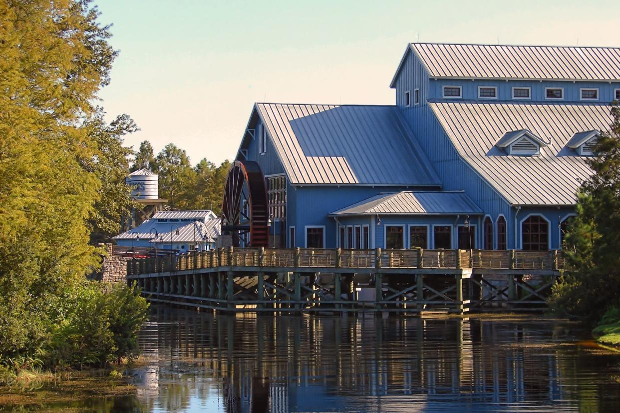 Exterior of the Riverside Mill, a food court restaurant at Disney's Port Orleans Riverside Resort of Walt Disney World in Orlando, Florida.