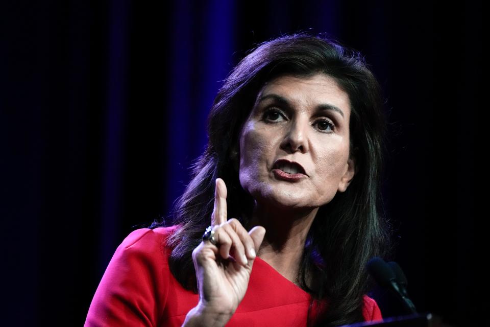 Republican presidential candidate former U.N. Ambassador Nikki Haley speaks at the Republican Party of Iowa's 2023 Lincoln Dinner in Des Moines, Iowa, Friday, July 28, 2023.