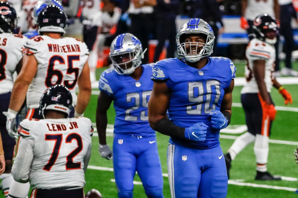 Detroit Lions defensive end Trey Flowers (90) celebrates a tackle against the Chicago Bears during the second half at Ford Field, Sunday, Sept. 13, 2020.