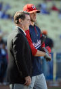 LOS ANGELES, CA - APRIL 28: Bryce Harper #34 of the Washington Nationals stands with former Los Angeles Dodgers Steve Garvey as he makes his major league debut during practice before the game against the Los Angeles Dodgers at Dodger Stadium on April 28, 2012 in Los Angeles, California. (Photo by Harry How/Getty Images)