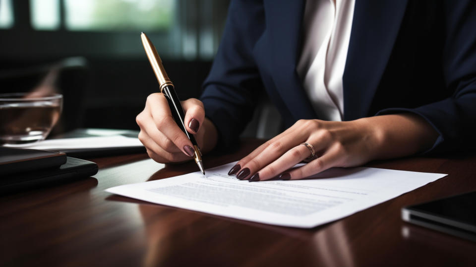 A successful business woman signing a contract with her banker in a boardroom, symbolizing the wealth management arm of the company.