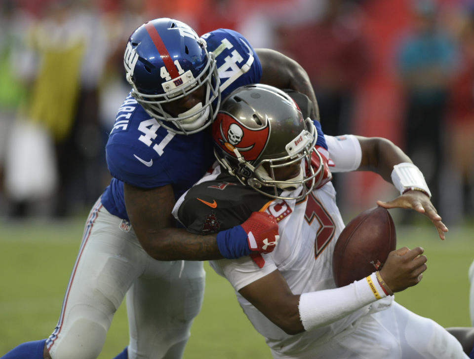 New York Giants cornerback Dominique Rodgers-Cromartie sacks Tampa Bay Buccaneers quarterback Jameis Winston (3) during the second half of an NFL football game Sunday, Oct. 1, 2017, in Tampa, Fla. (AP Photo/Jason Behnken)