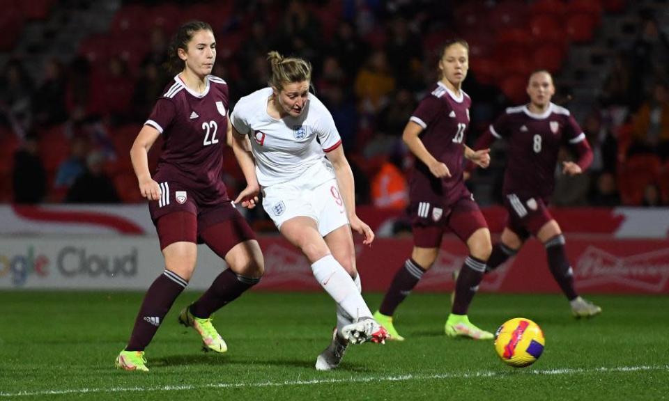 Ellen White scores her second and England&#x002019;s third goal in the 20-0 win over Latvia.