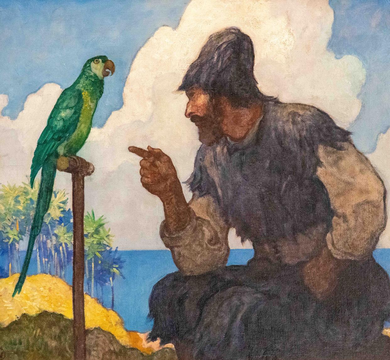 "Robinson Crusoe," cover illustration for editions with maroon or black binding, by N.C. Wyeth
