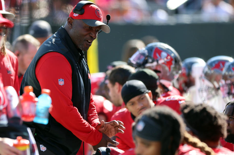 Dec 31, 2023; Tampa, Florida, USA; Tampa Bay Buccaneers Todd Bowles against the New Orleans Saints during the first half at Raymond James Stadium. Mandatory Credit: Kim Klement Neitzel-USA TODAY Sports