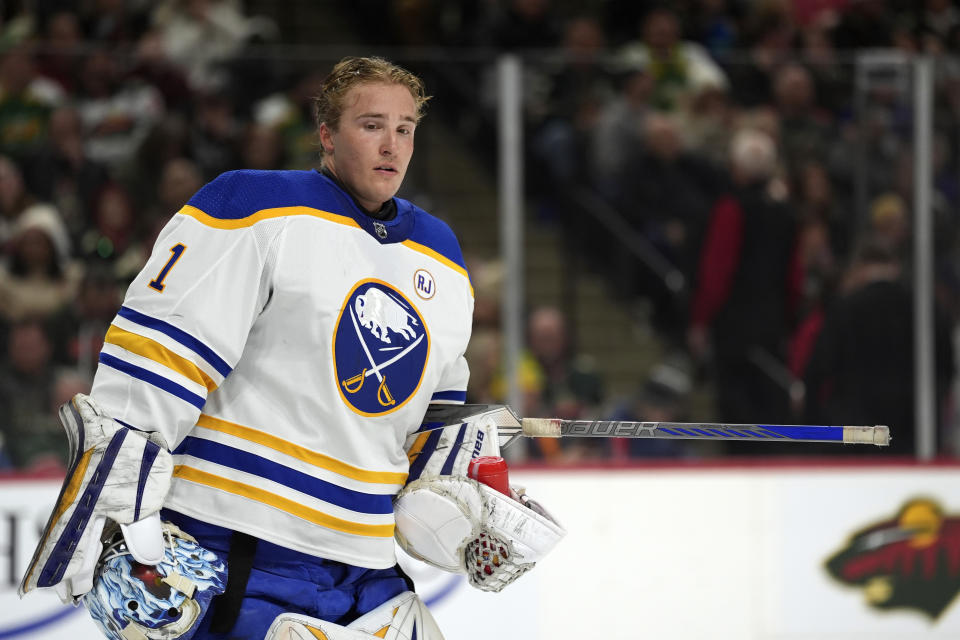 Buffalo Sabres goaltender Ukko-Pekka Luukkonen (1) waits for play to resume during an ice-cleaning break in the first period of an NHL hockey game against the Minnesota Wild, Saturday, Feb. 17, 2024, in St. Paul, Minn. (AP Photo/Abbie Parr)