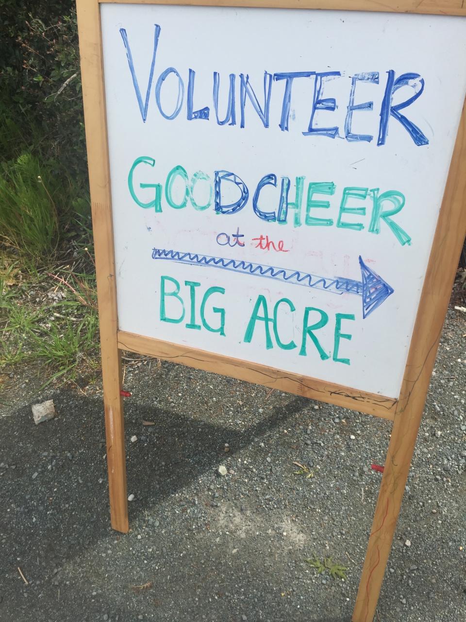 This sign, photographed April 29, 2020, near Langley, Wash., is soliciting volunteers to help cultivate edibles at a giving garden that has been set aside exclusively for donations of freshly picked produce to food banks, meal programs and shelters. (Dean Fosdick via AP)