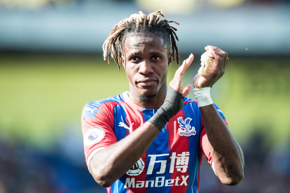 LONDON, ENGLAND - AUGUST 10: Wilfried Zaha of Crystal Palace reaction during the Premier League match between Crystal Palace and Everton FC at Selhurst Park on August 10, 2019 in London, United Kingdom. (Photo by Sebastian Frej/MB Media/Getty Images)