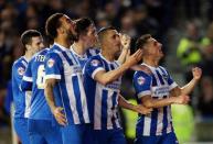 Football Soccer - Brighton & Hove Albion v Fulham - Sky Bet Football League Championship - The American Express Community Stadium - 15/4/16 Brighton’s Anthony Knockaert (R) celebrates scoring the fifth goal with teammates Mandatory Credit: Action Images / Matthew Childs Livepic