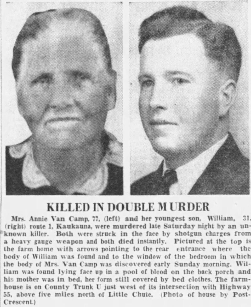 The May 13, 1940, edition of the Appleton Post-Crescent reports on the deaths of Annie Van Camp and William Van Camp.