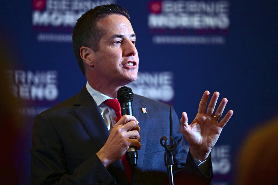 Cleveland businessman Bernie Moreno, a Republican candidate for U.S. Senate, speaks to supporters during his primary election night watch party in Westlake, Ohio, Tuesday, March 19, 2024. (AP Photo/David Dermer)