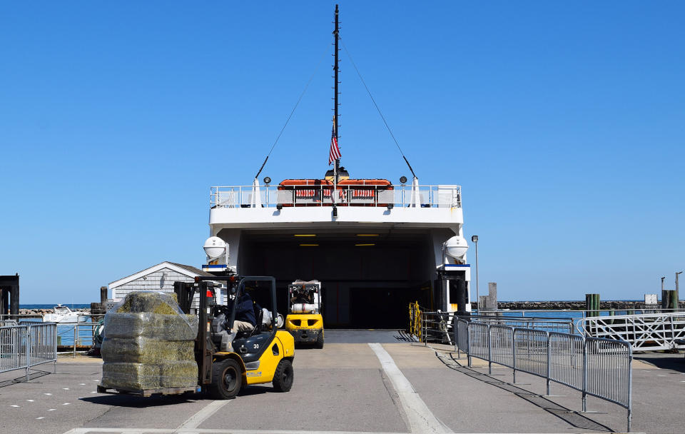 Supplies arrive via ferry to Block Island on March 26. (Photo: Kari Curtis for HuffPost)