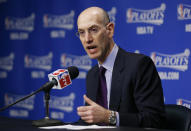 NBA Commissioner Adam Silver answers questions during a news conference before Game 4 of an opening-round NBA basketball playoff series between the Memphis Grizzlies and the Oklahoma City Thunder on Saturday, April 26, 2014, in Memphis, Tenn. (AP Photo/Mark Humphrey)