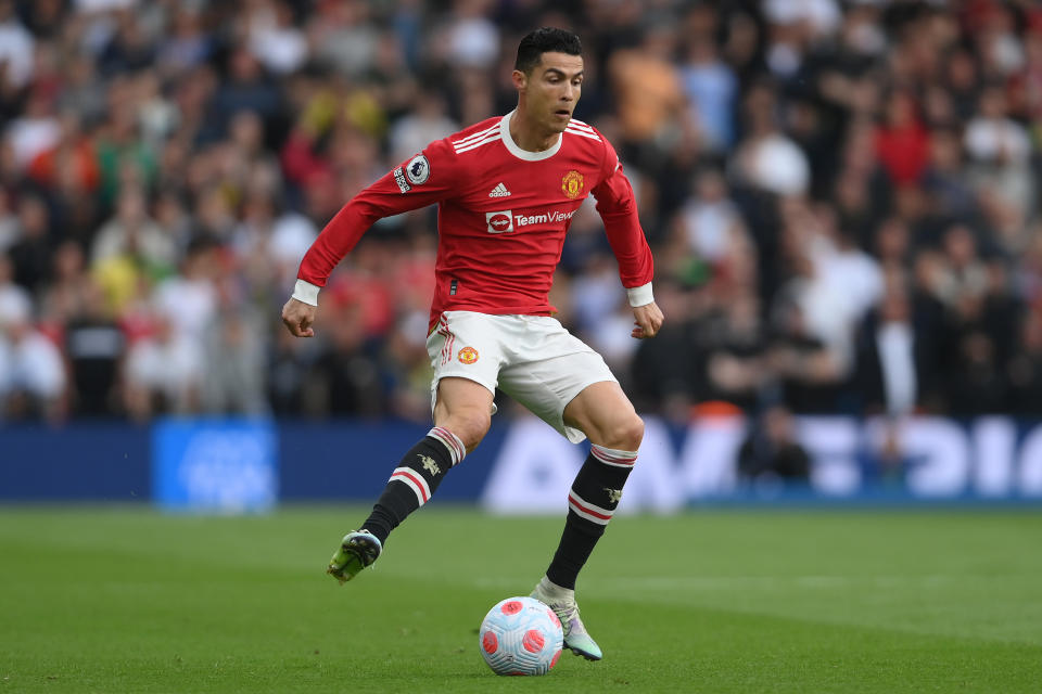 BRIGHTON, ENGLAND - MAY 07: Cristiano Ronaldo of Manchester United in action during the Premier League match between Brighton & Hove Albion and Manchester United at American Express Community Stadium on May 07, 2022 in Brighton, England. (Photo by Mike Hewitt/Getty Images)