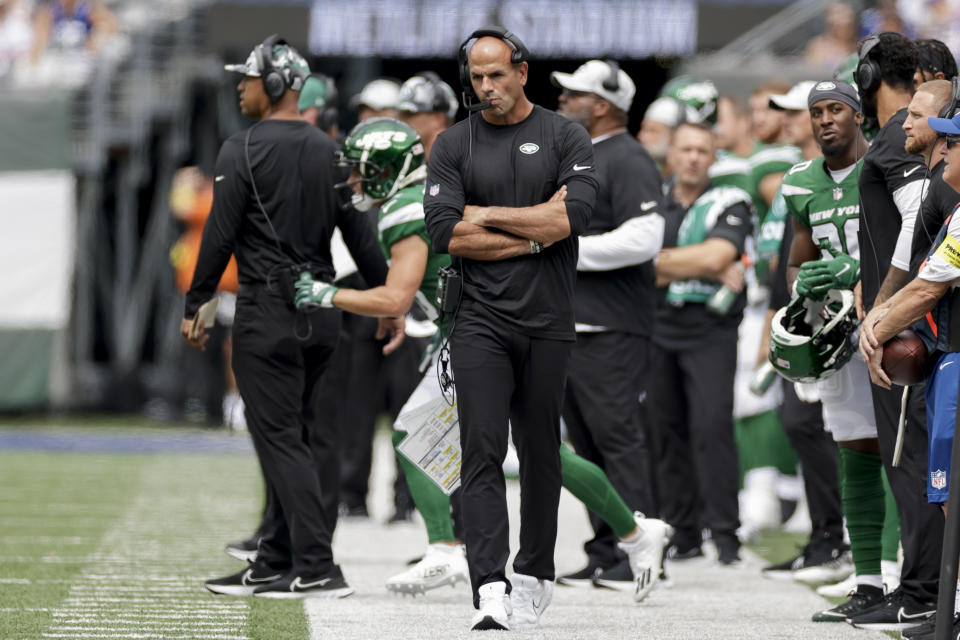 New York Jets head coach Robert Saleh works the sidelines in the first half of a preseason NFL football game against the New York Giants, Sunday, Aug. 28, 2022, in East Rutherford, N.J. (AP Photo/Adam Hunger)