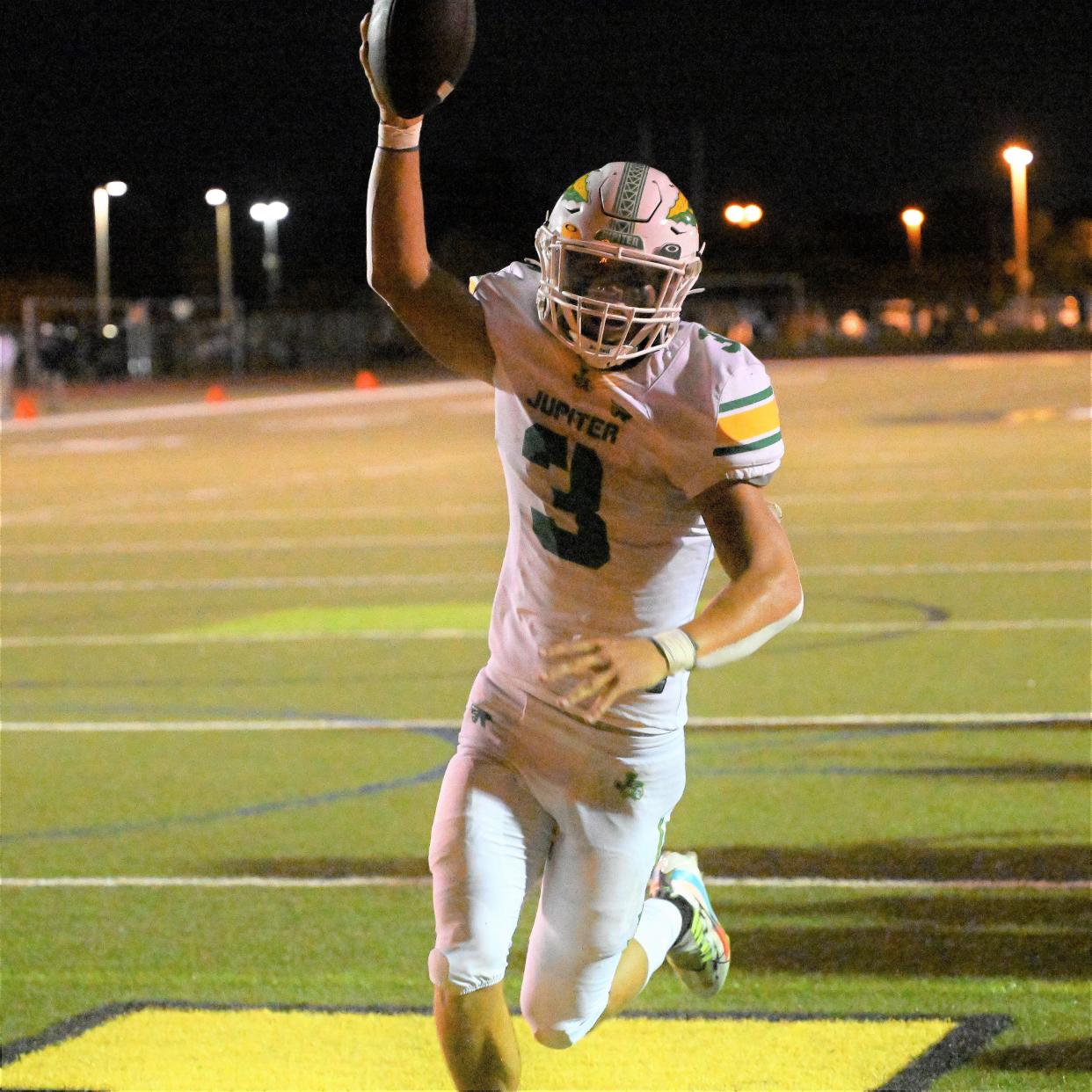 Jupiter’s Luke Douglas celebrates his touchdown run that especially put the game against Dwyer on ice in the fourth quarter (Aug. 25, 2023).