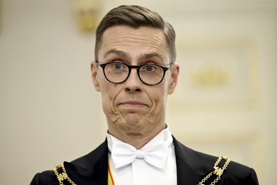The new President of the Republic of Finland Alexander Stubb attends his first press conference at the Presidential Palace during his inauguration ceremony in Helsinki, Finland, Friday March 1, 2024. (Emmi Korhonen/Lehtikuva via AP)